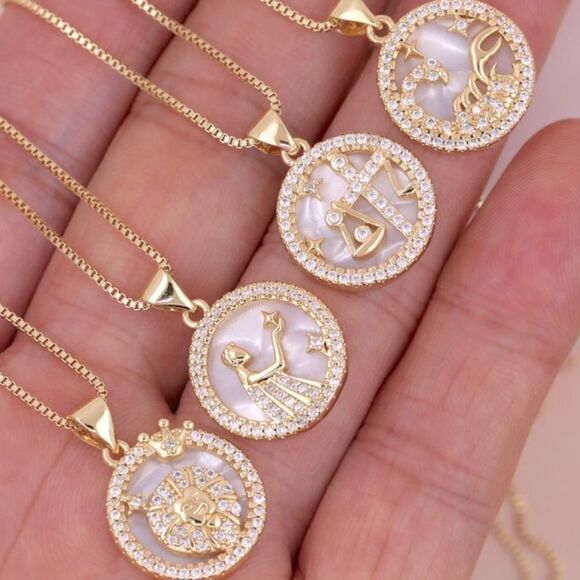 SALE 18k Stamped Gold Filled Libra Horoscope Iridescent Crystal Necklace - Picture 3 of 7